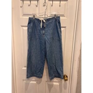 Jones Jeans Womens 10 Blue Wide Leg Cropped Denim Pants Drawstring Patch Pockets